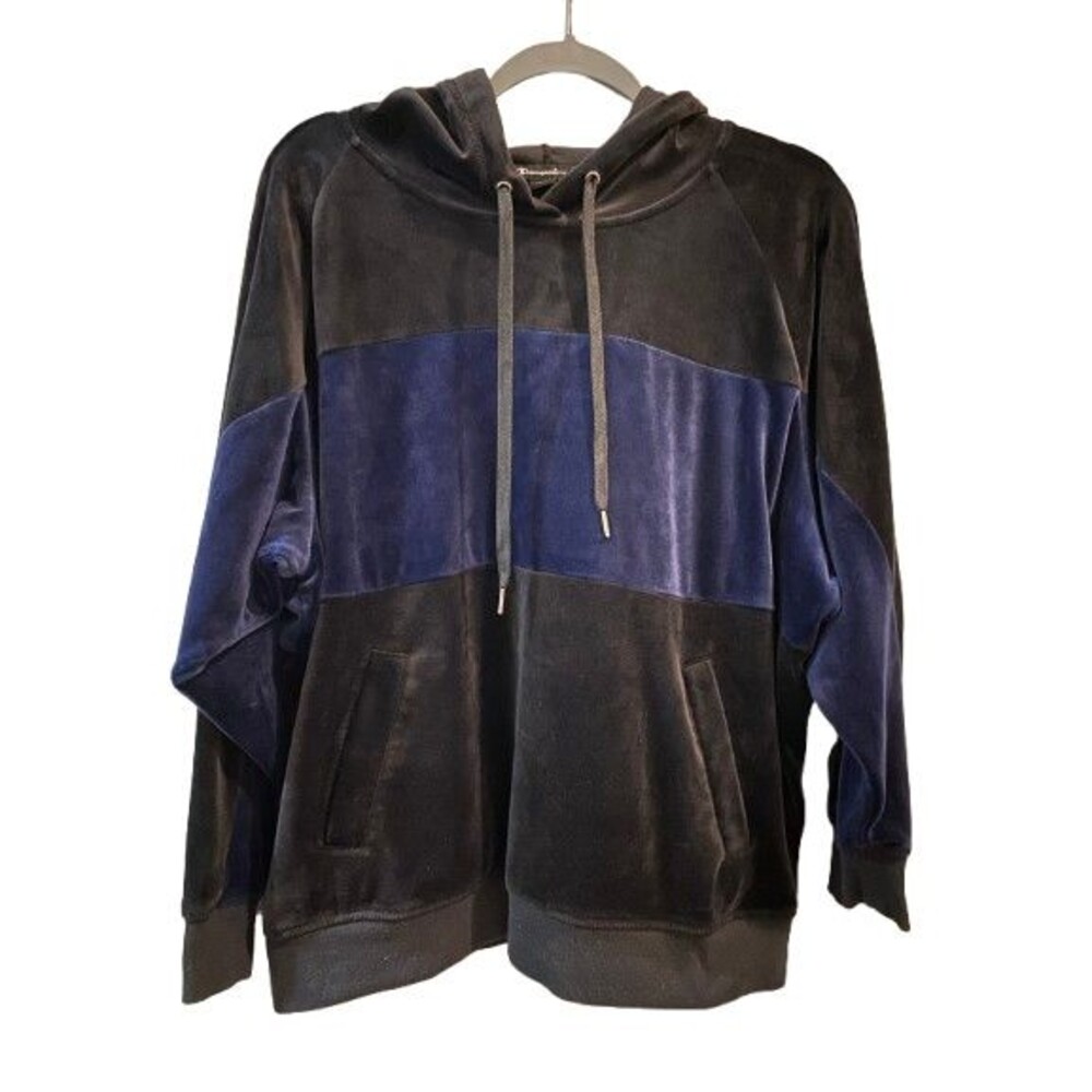 Women's XL Hoodie Champion Blue & Black Colorblock Velour Long Sleeve Pullover
